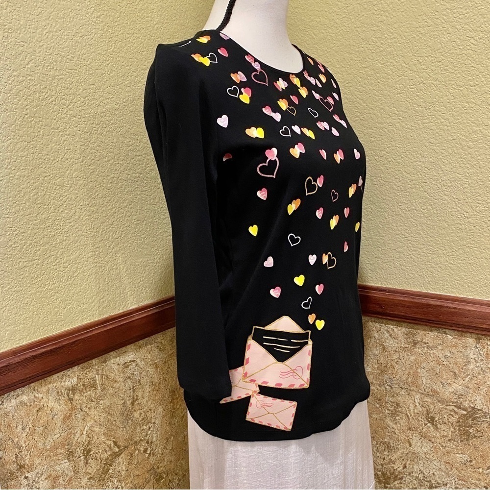 Karen Scott Valentines Black Top With Hearts And Glitter Size Small Candy Hearts - Picture 2 of 8